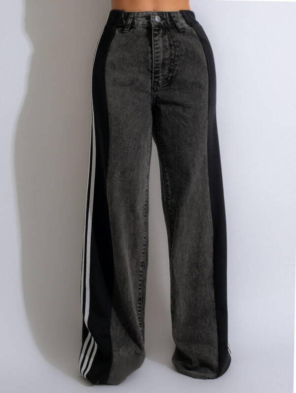 2024 Fashion Casual High Waist Elastic Straight Leg Trousers Three Stripe Patchwork Denim Wide Leg Pants Streetwear - Image 9
