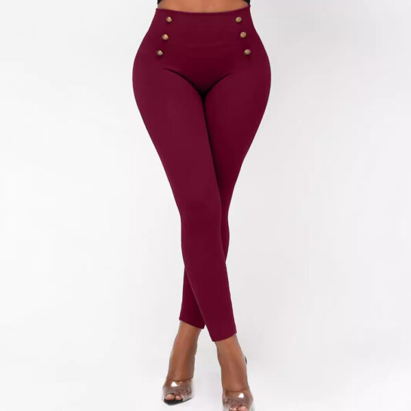 High Waist Button Solid Color Slim Fit Hip Skinny Pants - Image 5