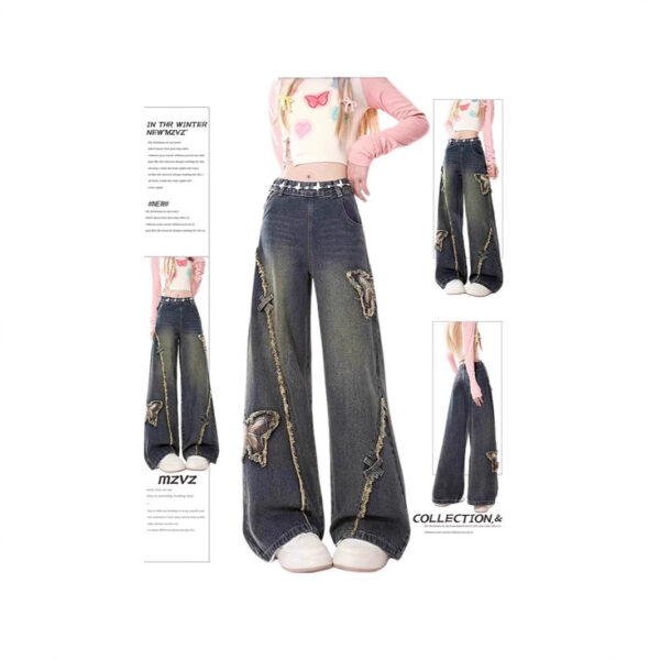 Retro Butterfly Patch Raw Edge Denim New High Street Design Straight Mop Pants - Image 4
