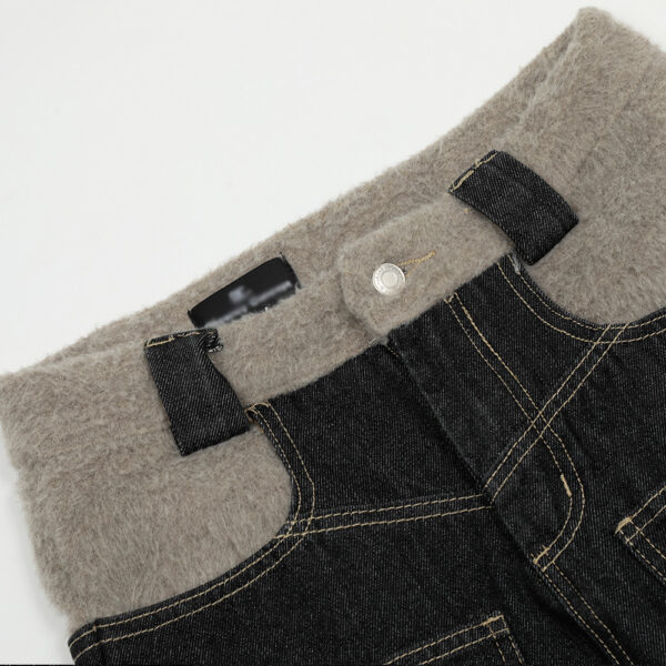 High Street Design Washed Straight Wide Leg Plush Stitching Multi-pocket Jeans - Image 2