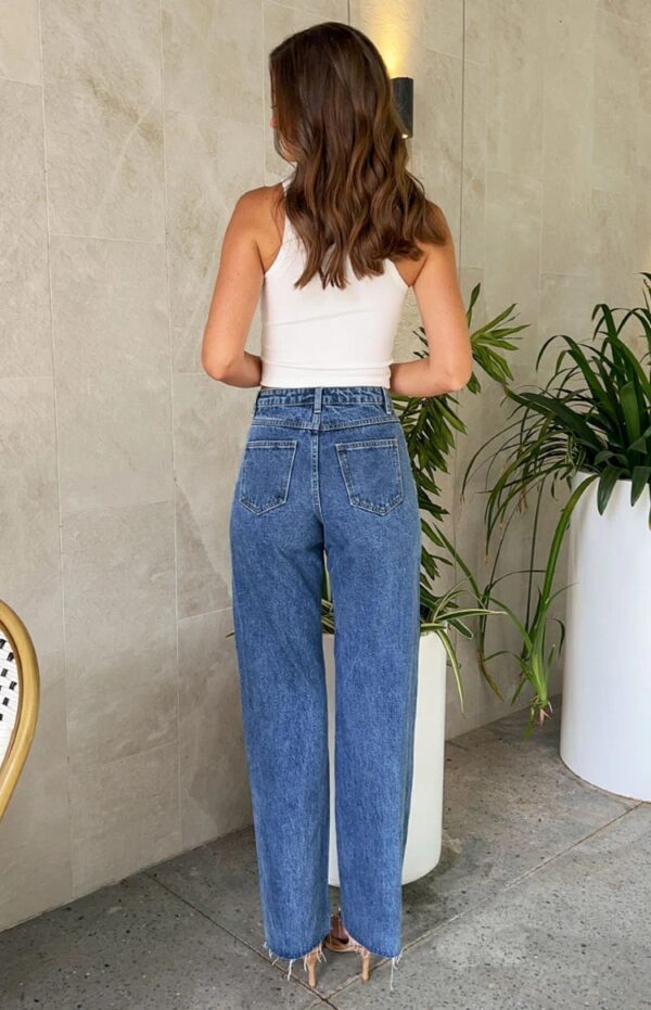 Oblique Waist Cross Beaded Straight-leg Frayed Hem Jeans - Image 4