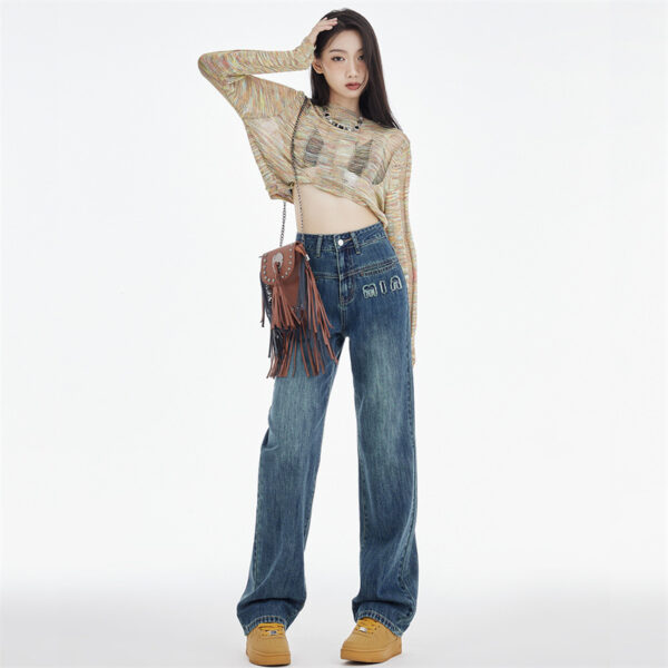Women's Straight Jeans Dark Blue Embroidered Letters - Image 3