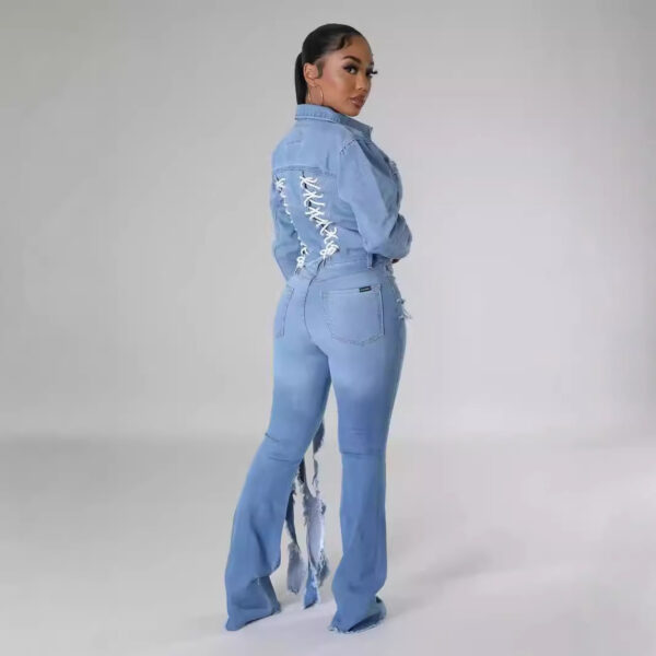 Washed And Frayed Long Streamer Stretch Jeans - Image 6