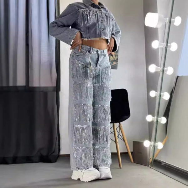Sequined Tassel Design Straight Jeans - Image 3