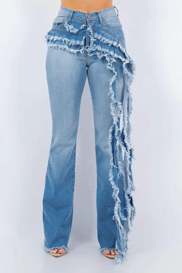 Washed And Frayed Long Streamer Stretch Jeans - Image 2