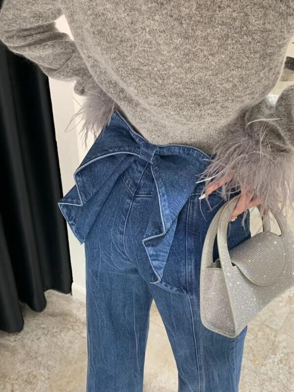 Women's Bow High Waist Jeans Wide-leg Straight Trousers - Image 3