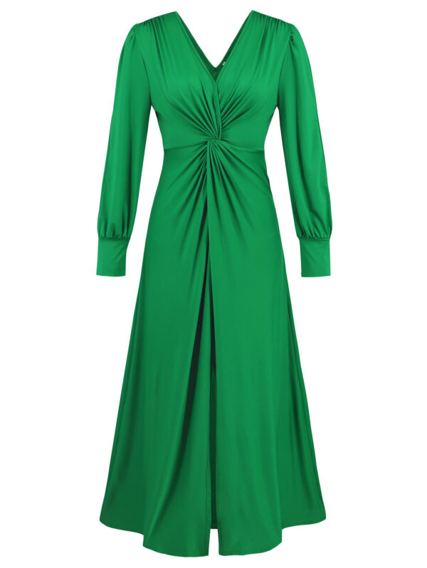 V-neck Pleated Design Chest Twist Split Dress - Image 4