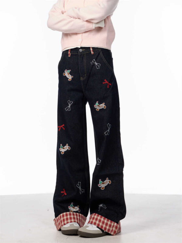Vintage Bow Puppy Embroidered Wide Leg High Waist Jeans - Image 3