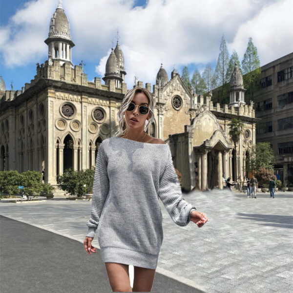 Women's Casual Off-the-shoulder Lantern Sleeve Knitted Sweater Dress - Image 10