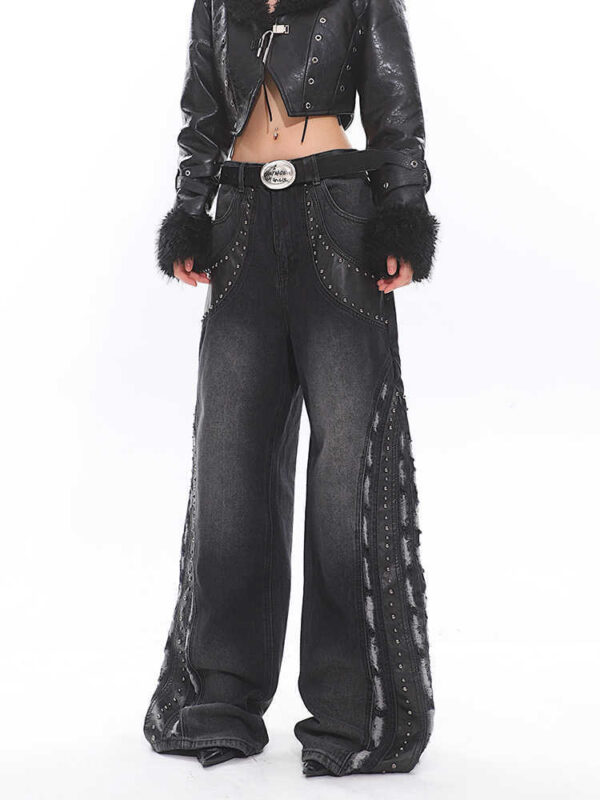 Retro Washed Heavy Niche Deconstructed Leather Patchwork Jeans - Image 5