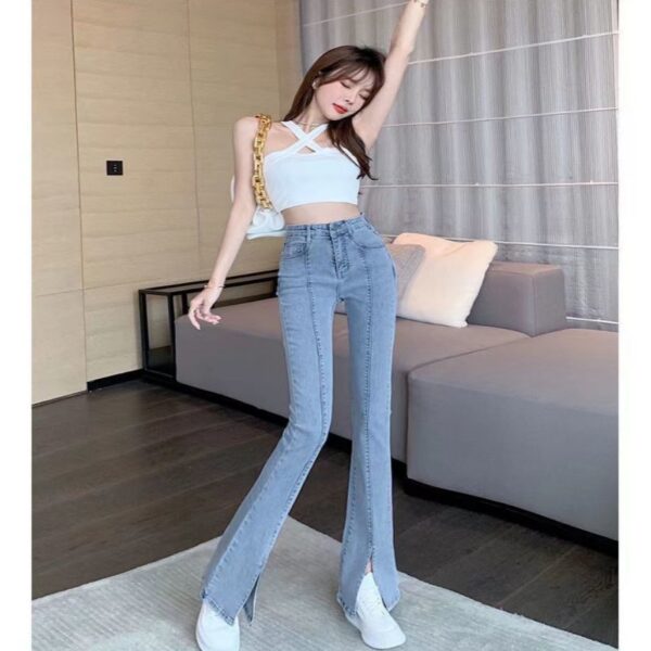 Light Color Flattering Slim Fit Slit Jeans Show High Shape - Image 6