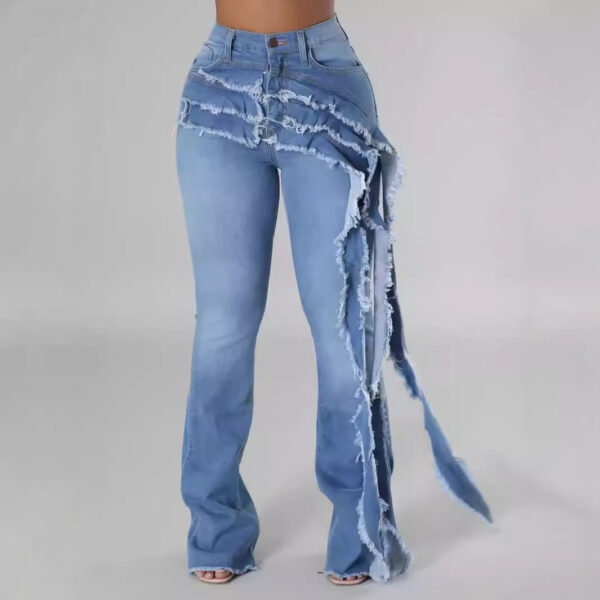Washed And Frayed Long Streamer Stretch Jeans - Image 5