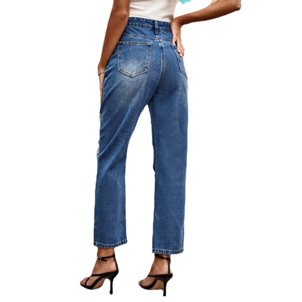 All-match Washing Water Ripped Straight Denim Ankle-length Pants - Image 3