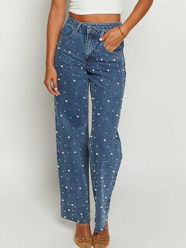 Oblique Waist Cross Beaded Straight-leg Frayed Hem Jeans - Image 3