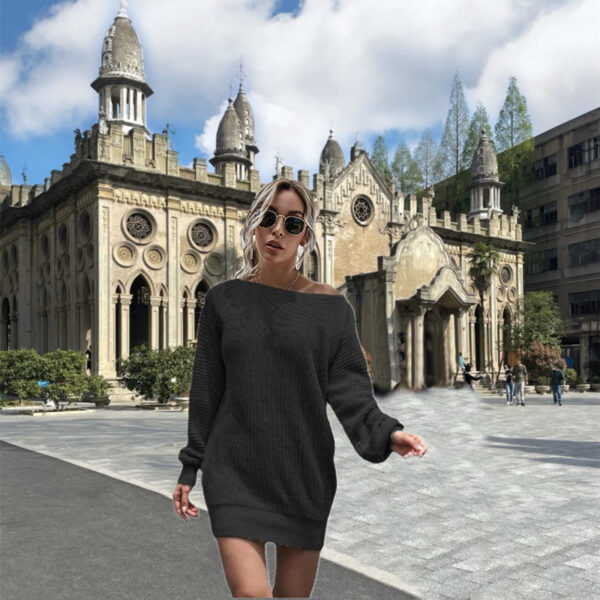 Women's Casual Off-the-shoulder Lantern Sleeve Knitted Sweater Dress - Image 5