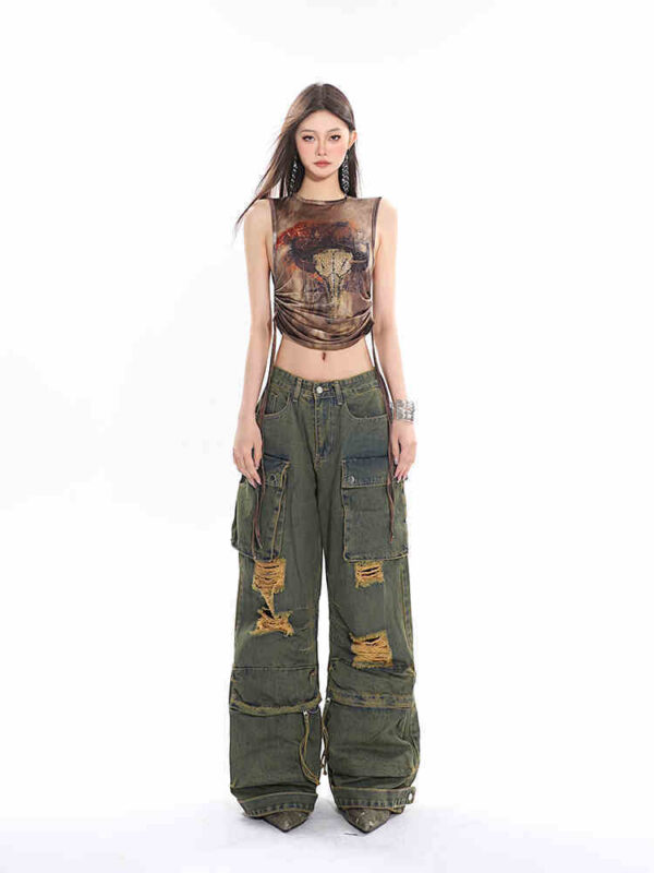 Retro Mopping Waste Jeans Washed And Worn Overalls - Image 2