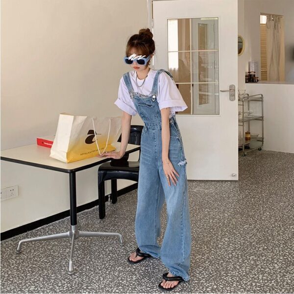 Ripped Denim Suspender Pants Women's Spring Versatile Ins High Waist Straight Wide Leg Mop Trousers Women's - Image 3