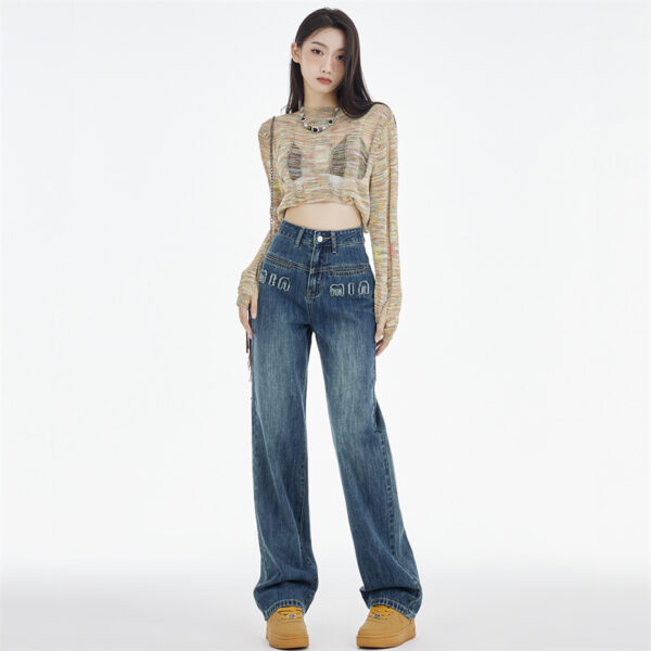 Women's Straight Jeans Dark Blue Embroidered Letters - Image 6