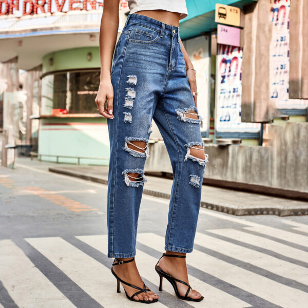 All-match Washing Water Ripped Straight Denim Ankle-length Pants - Image 4