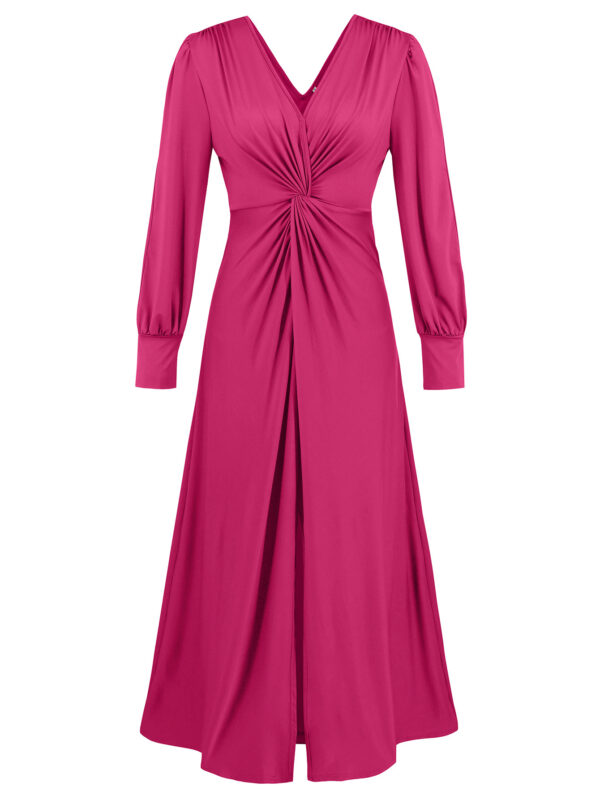V-neck Pleated Design Chest Twist Split Dress - Image 2
