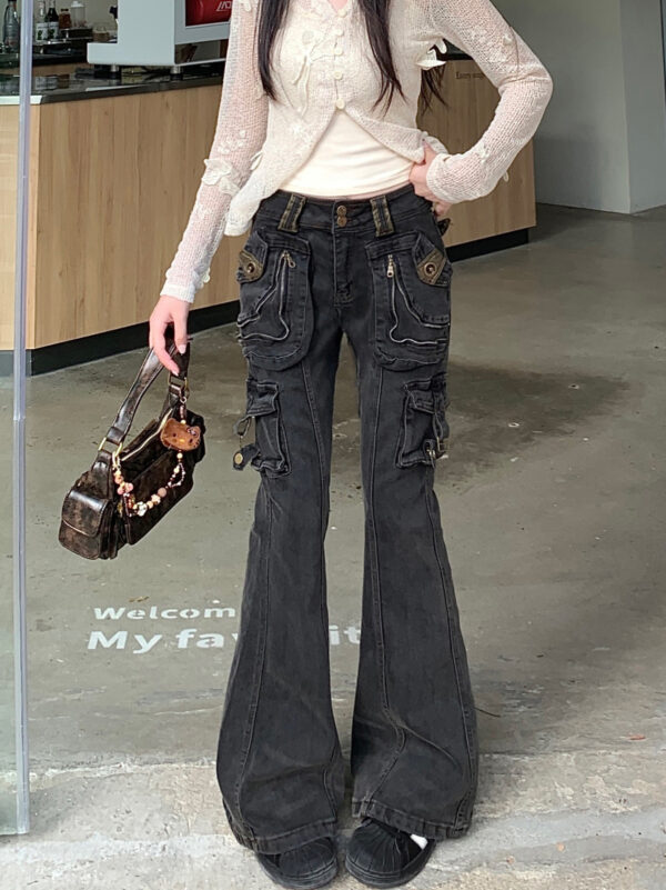 Washed Old Multi-pocket Slightly Flared Jeans - Image 2