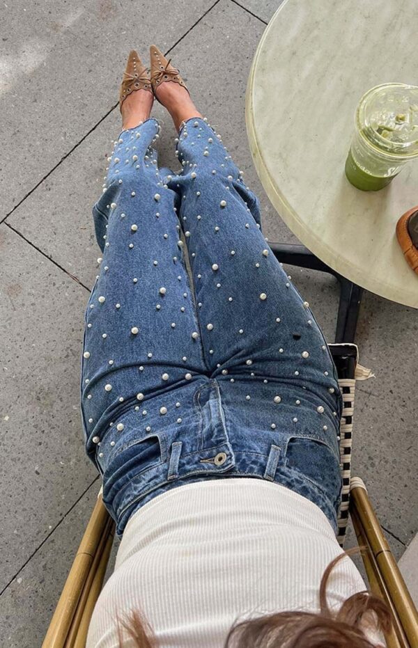 Oblique Waist Cross Beaded Straight-leg Frayed Hem Jeans - Image 5