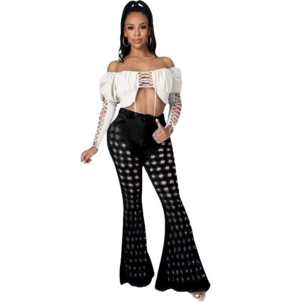 Women's Washed Hole Sanding Sexy Stretch Denim Bell-bottom Pants - Image 4