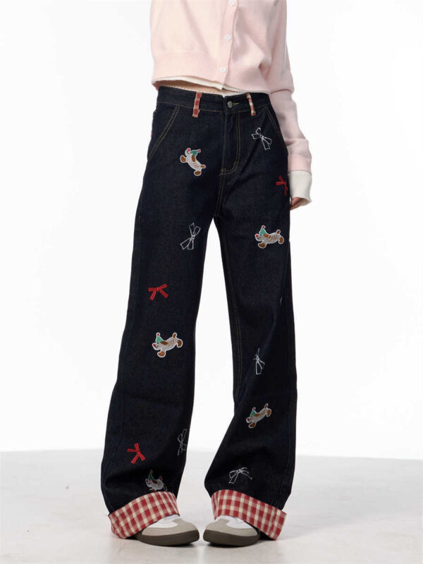Vintage Bow Puppy Embroidered Wide Leg High Waist Jeans - Image 2