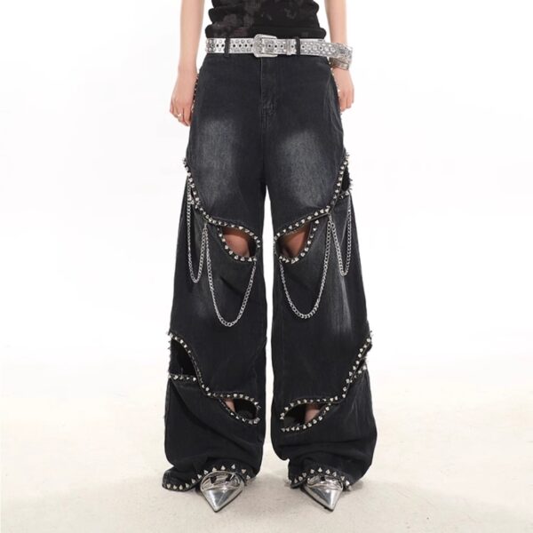 Heavy Industry Metal Rivet Chain Hollow-out Design Jeans - Image 3