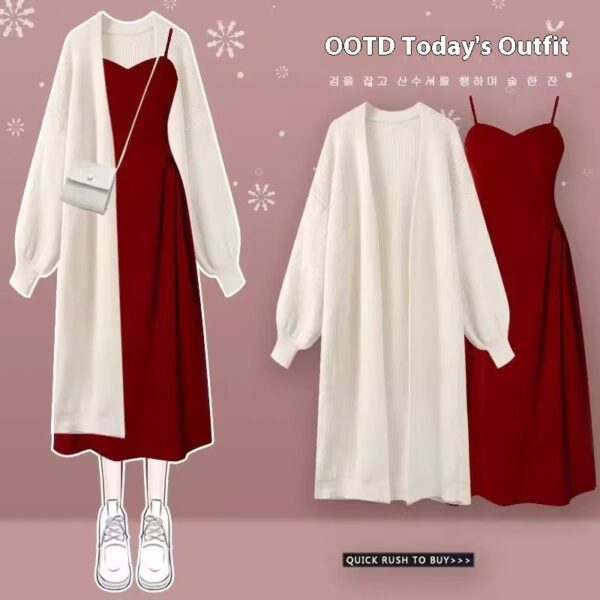 Fall Gentle Style Wear Women's Cardigan Sling Dress Two-piece Set - Image 7