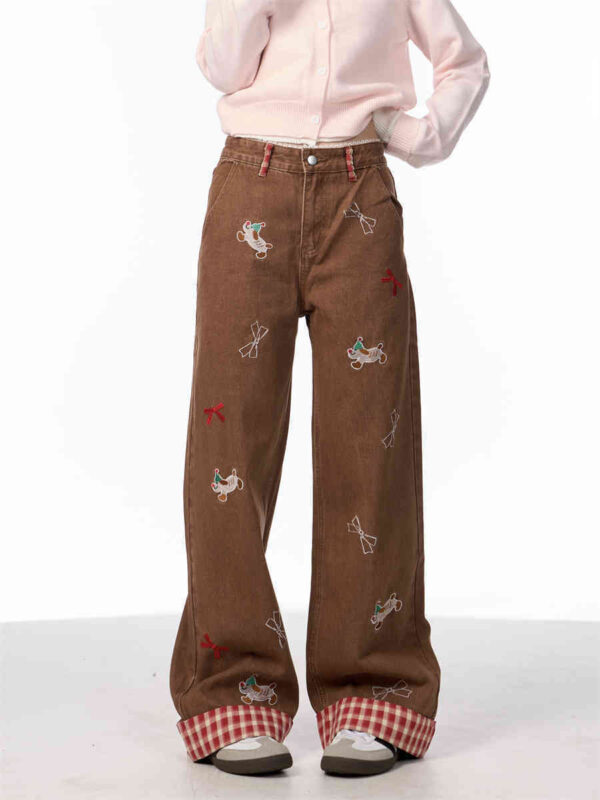 Vintage Bow Puppy Embroidered Wide Leg High Waist Jeans - Image 4