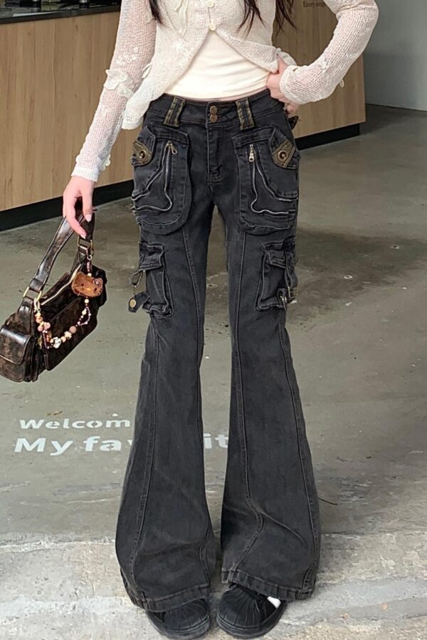Washed Old Multi-pocket Slightly Flared Jeans - Image 4