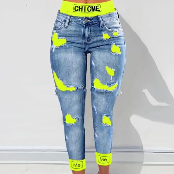Fashion Colorblock Rolled Hem Distressed Cropped Jeans - Image 4