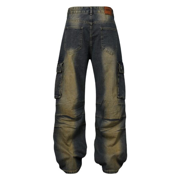 High Street American Washed Distressed Pleated Multi-pocket Denim Overalls - Image 5