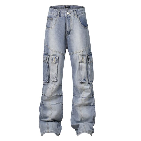 High Street American Washed Distressed Pleated Multi-pocket Denim Overalls - Image 3