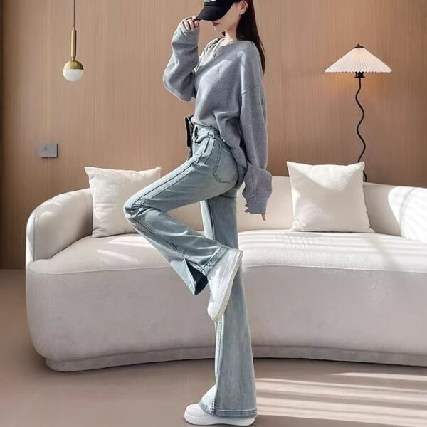 High Waist Slim Fit Slimming Light Blue Split Flared Pants - Image 4