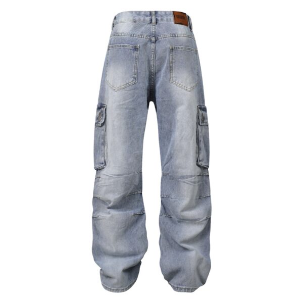 High Street American Washed Distressed Pleated Multi-pocket Denim Overalls - Image 4