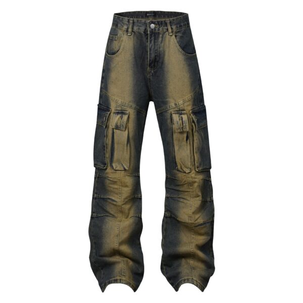 High Street American Washed Distressed Pleated Multi-pocket Denim Overalls - Image 2