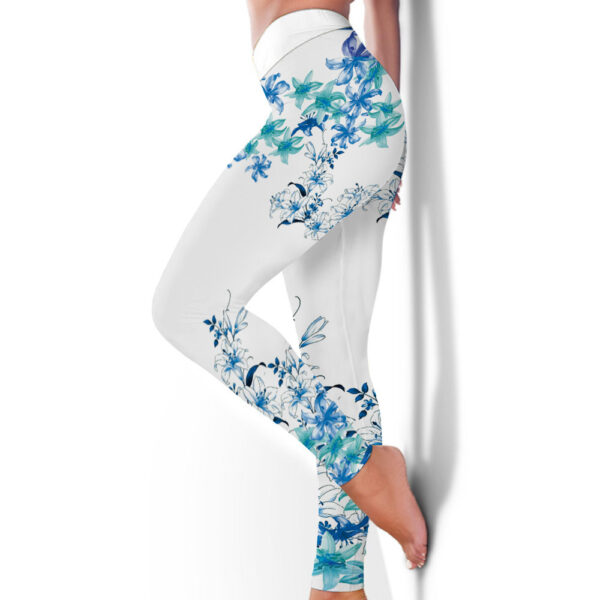 Women's Blue Flower Printed Hip Lifting Tight Pants - Image 2