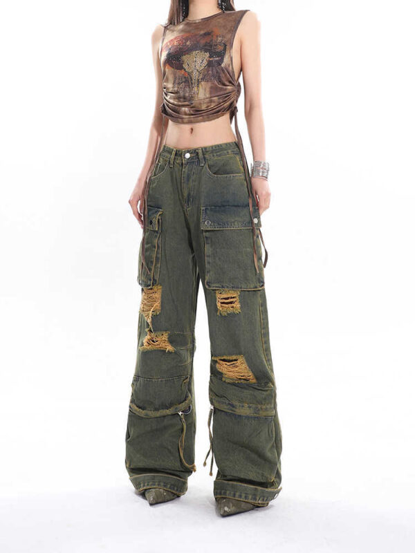 Retro Mopping Waste Jeans Washed And Worn Overalls - Image 5