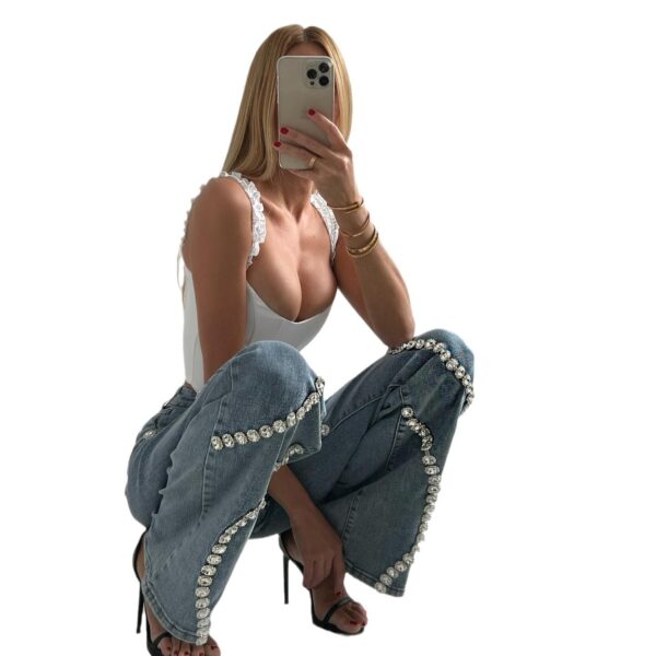Loose Straight-cut Rhinestone Jeans With Design Sense - Image 5