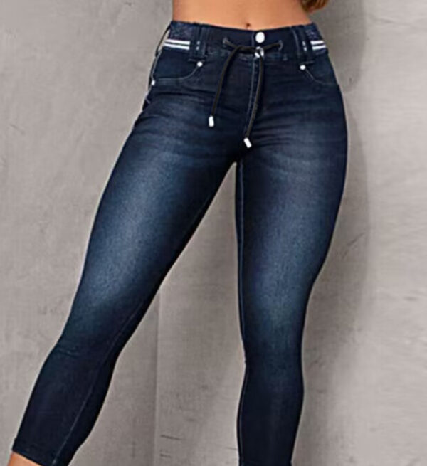 Striped Stitching Drawstring Tight Hip Raise Skinny Denim Ankle-length Pants - Image 4