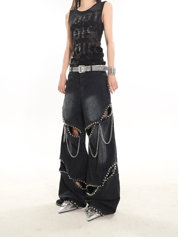 Heavy Industry Metal Rivet Chain Hollow-out Design Jeans - Image 4