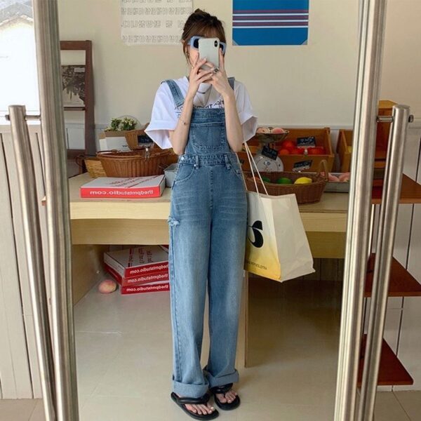 Ripped Denim Suspender Pants Women's Spring Versatile Ins High Waist Straight Wide Leg Mop Trousers Women's - Image 2
