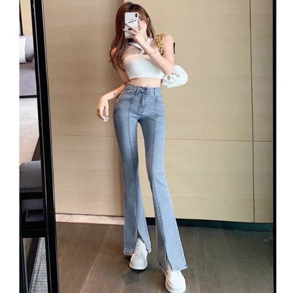 Light Color Flattering Slim Fit Slit Jeans Show High Shape - Image 4