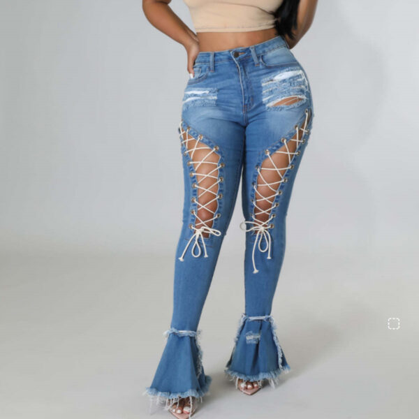 European And American Mid-waist Retro Tattered Jeans Elastic Corns Bandage Mop Denim Bell-bottom Pants - Image 7