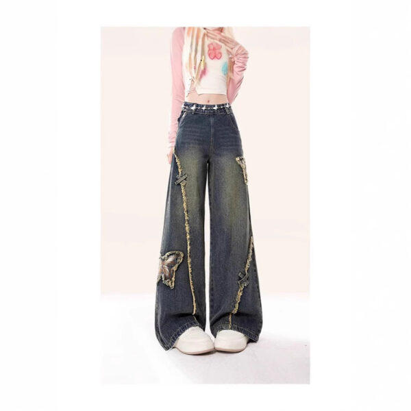 Retro Butterfly Patch Raw Edge Denim New High Street Design Straight Mop Pants - Image 2