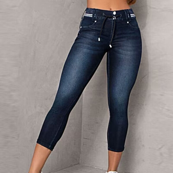 Striped Stitching Drawstring Tight Hip Raise Skinny Denim Ankle-length Pants - Image 2