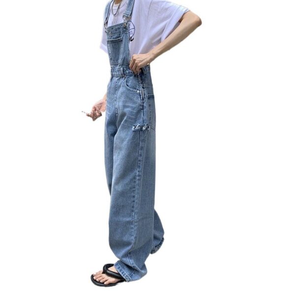 Ripped Denim Suspender Pants Women's Spring Versatile Ins High Waist Straight Wide Leg Mop Trousers Women's - Image 5