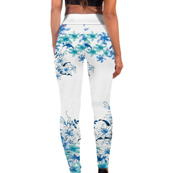 Women's Blue Flower Printed Hip Lifting Tight Pants - Image 5